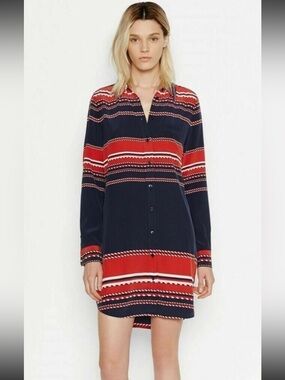 Equipment Femme - Silk Shirt Dress - Nautical Red And Navy - Size Large